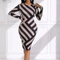 Femmes élégant Colorblock rayure imprimé robe africaine OL décontracté rond Sexy à manches longues Force élastique mince robes robes