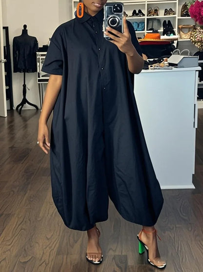 Onecozyday – combinaison d'été ample pour femmes, couleur unie, col à revers, manches courtes, combishort boutonné, décontracté, Streetwear, barboteuse