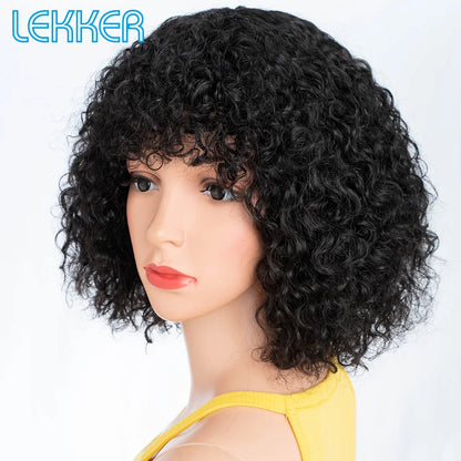 Lekker couleur courte Pixie Afro crépus bouclés Bob 100% perruques de cheveux humains avec frange pour les femmes brésilien Remy cheveux Ombre brun perruques