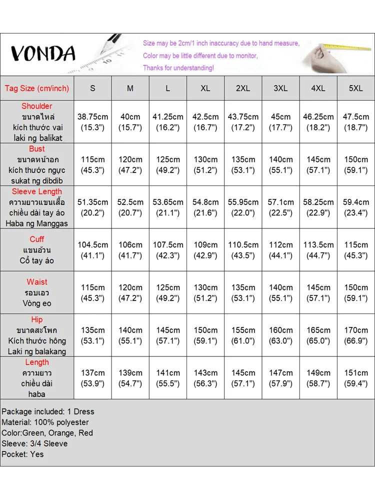 VONDA Vintage Robe Maxi femmes été fête imprimer robes 2025 mode col en v 3/4 manches décontracté surdimensionné ample longue Robe