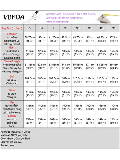 VONDA Vintage Robe Maxi femmes été fête imprimer robes 2025 mode col en v 3/4 manches décontracté surdimensionné ample longue Robe