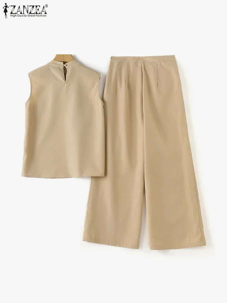 Élégant Chic femmes 2 pièces ensembles ZANZEA femme 2025 mode 2 pièces tenues costumes sans manches Blouses et pantalons à jambes larges ensembles