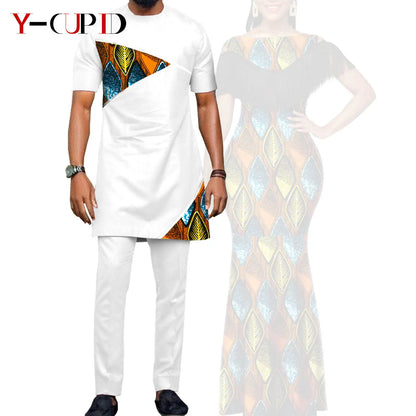 Robes africaines pour femmes, tenues de Couple assorties, Bazin Riche Dashiki, Slim, imprimé pompon, longues robes de fête Y23C009