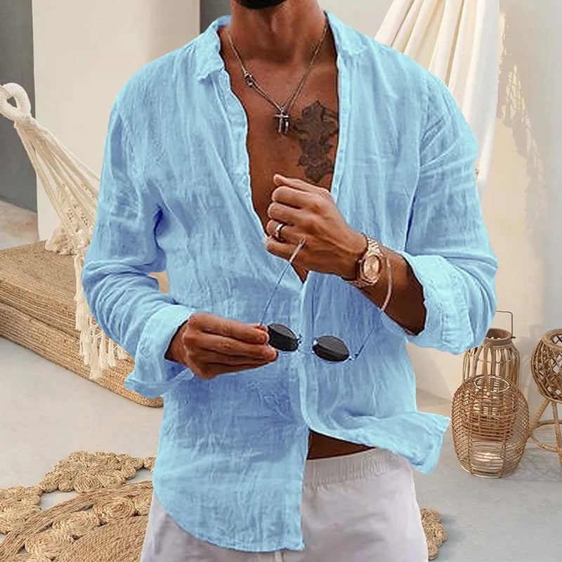 Chemise en coton pour hommes, confortable et décontractée, Cardigan à revers rayé, simple boutonnage, manches longues, nouvelle collection printemps été