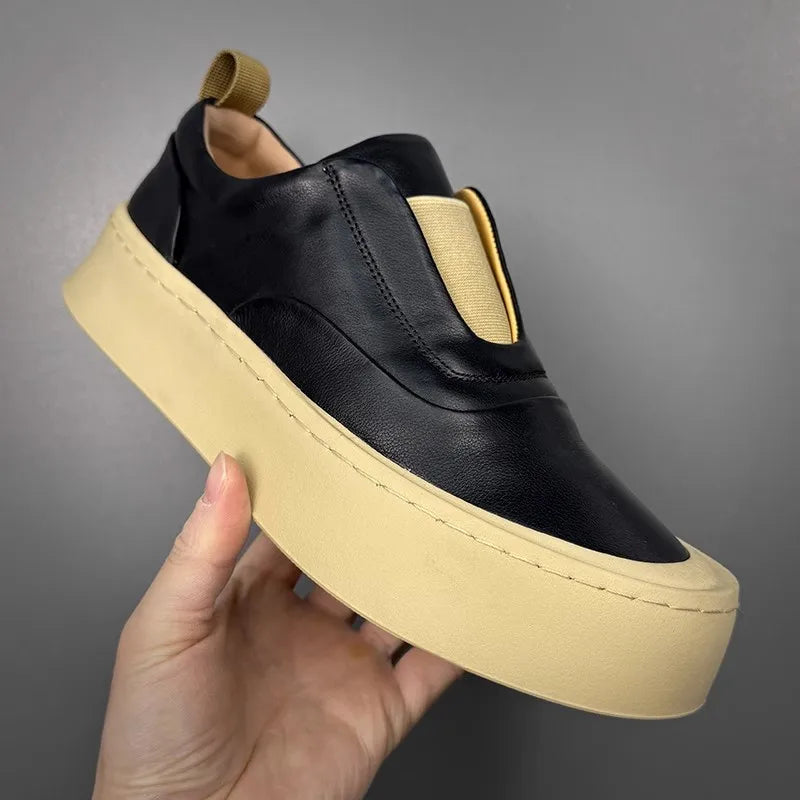 Mocassins à enfiler en cuir véritable pour hommes, chaussures de loisirs respirantes, mode, Style polyvalent, bout rond, plateforme, chaussures décontractées, qualité supérieure