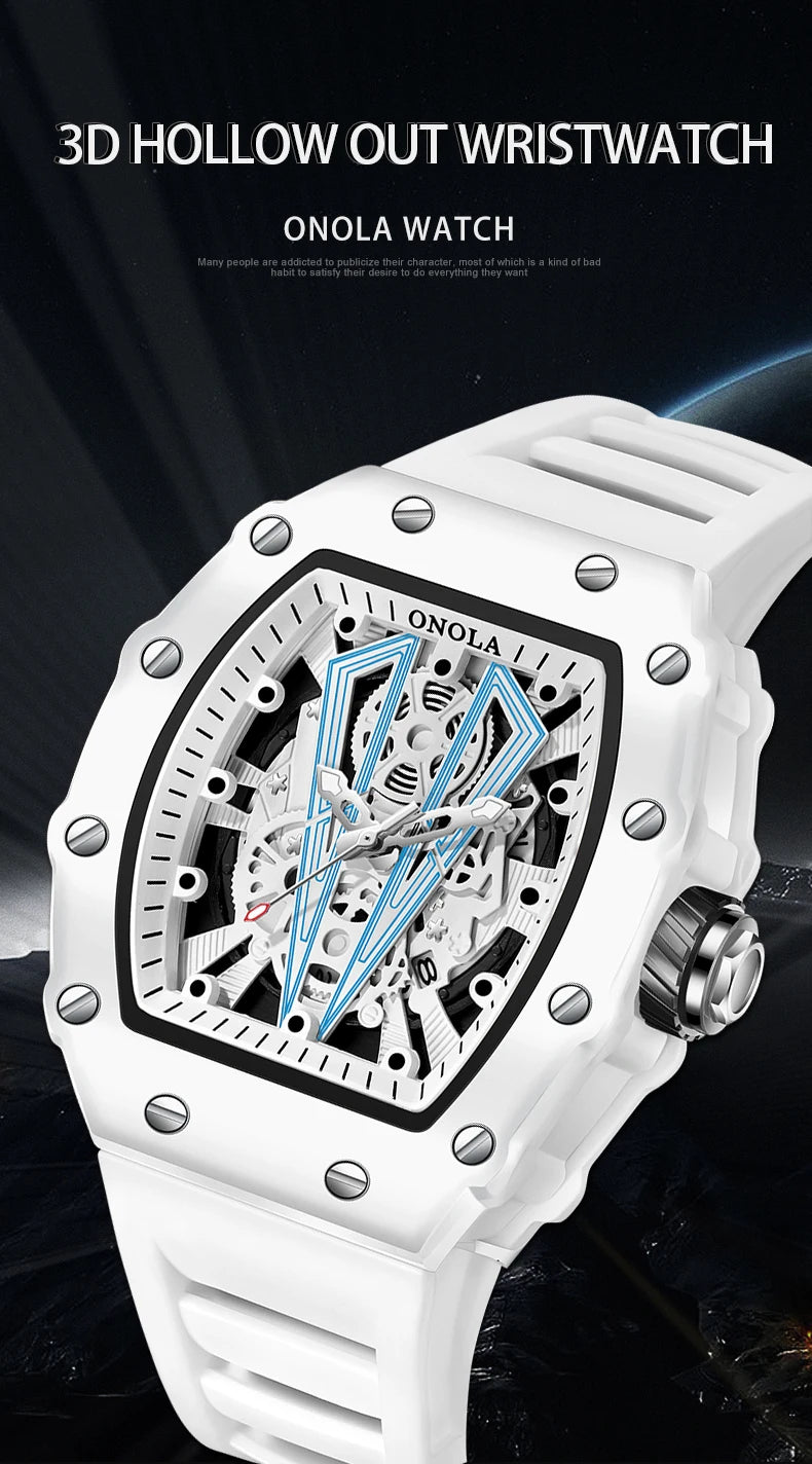 ONOLA-Montre Tonneau Blanche pour Homme, Horloge Masculine, Calendrier Showous, Degré d'Eau, Bande en Silicone