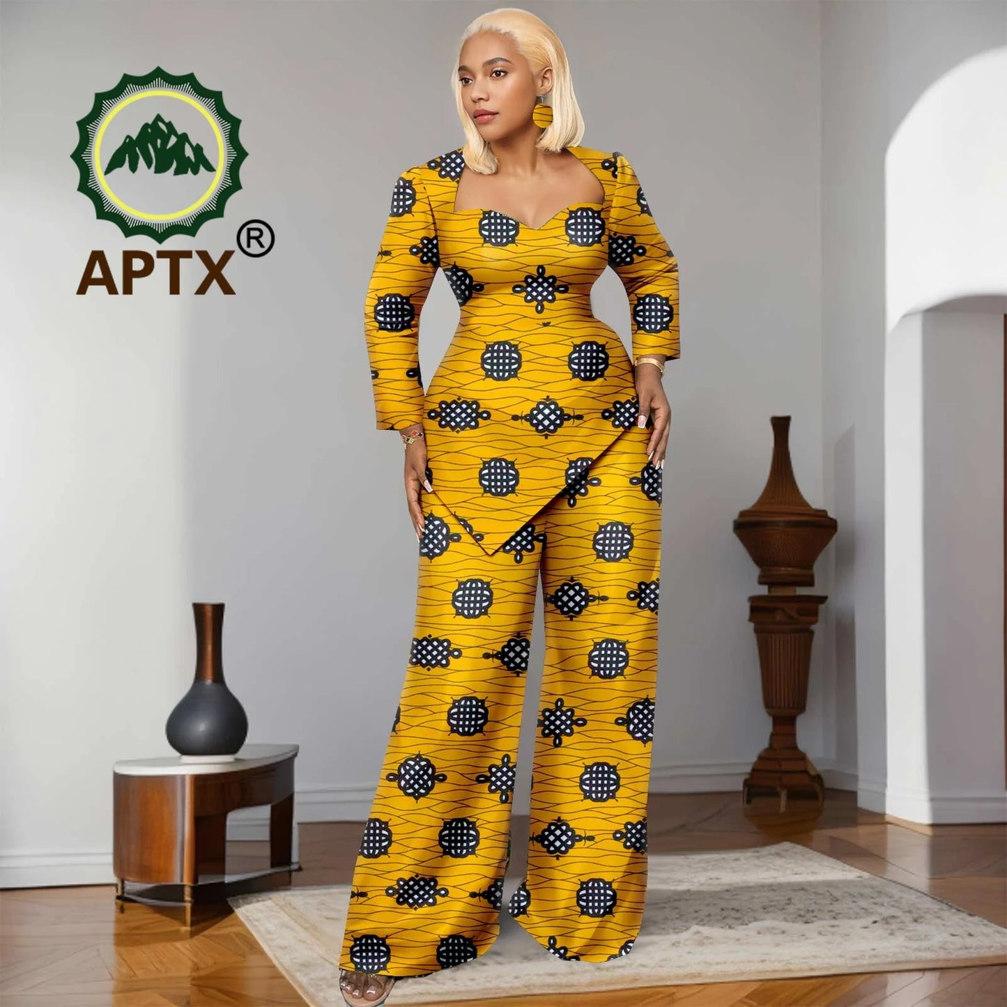 Ensemble deux pièces imprimé africain Ankara pour femmes, haut à manches neuf quarts et pantalon longueur au sol, ensemble décontracté Dashiki avec boucles d'oreilles