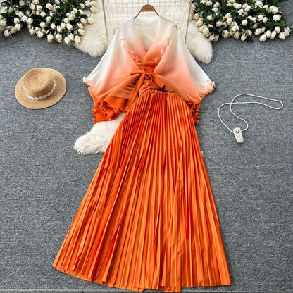 Miyake pli changement progressif couleur bord ondulé costume soleil jupe plissée à la mode et élégant deux pièces ensembles tenues pour femmes