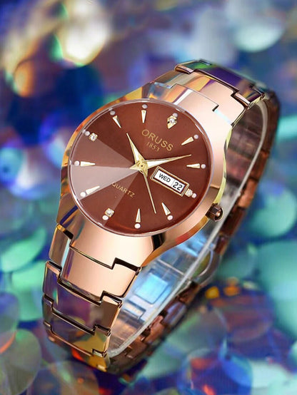 ORUSS-Montre de couple étanche pour hommes et femmes, quartz, acier inoxydable, date, semaine, horloge, cadeau pour amoureux, mode décontractée