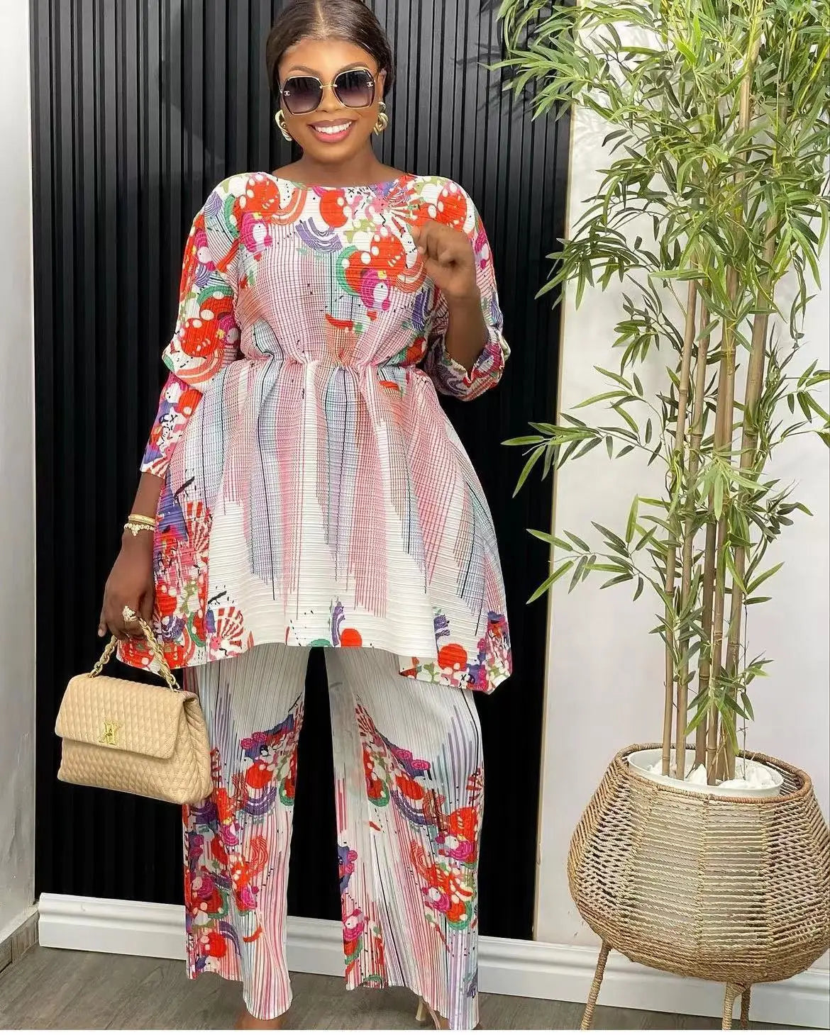 ANLAN-Ensemble Deux Pièces Plissé pour Femme, Imprimé, Manches sulf, Lacets, Taille Ronde, Pantalon Décontracté, Nouvelle Collection Automne 2024, 7YK3519