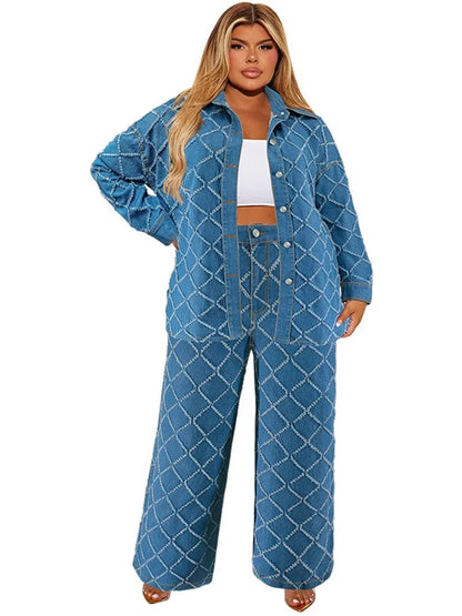 Wmstar grande taille Denim deux pièces ensembles femmes automne vêtements imprimer à manches longues hauts pantalons nouveaux costumes assortis en gros Dropshopping