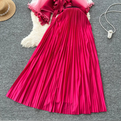 Miyake pli changement progressif couleur bord ondulé costume soleil jupe plissée à la mode et élégant deux pièces ensembles tenues pour femmes