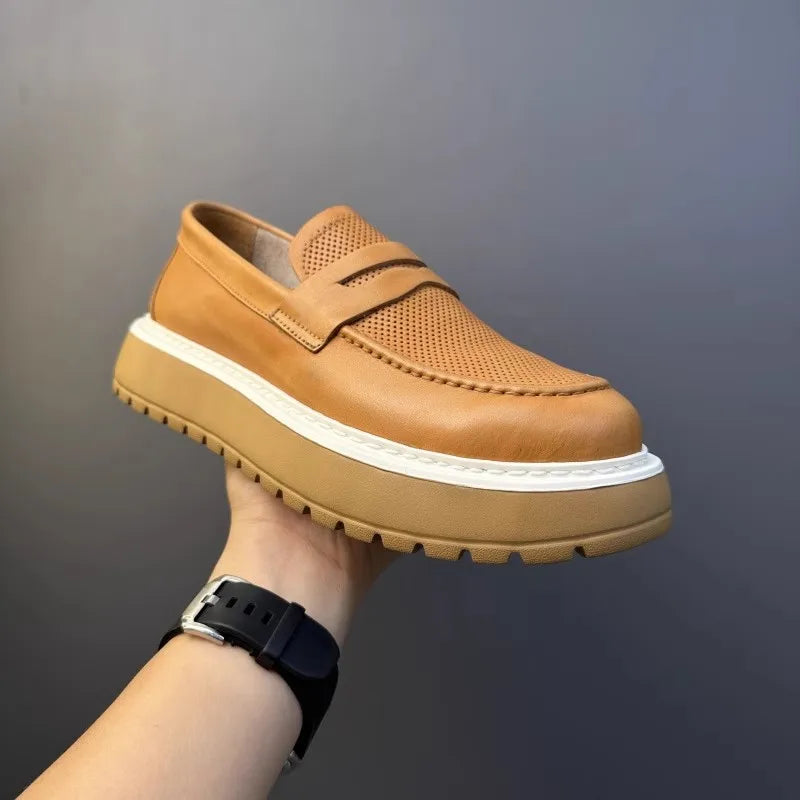 Mocassins en cuir de vachette à plateforme vintage pour hommes, chaussures en cuir véritable, respirant, évider, décontracté, conduite, affaires, été