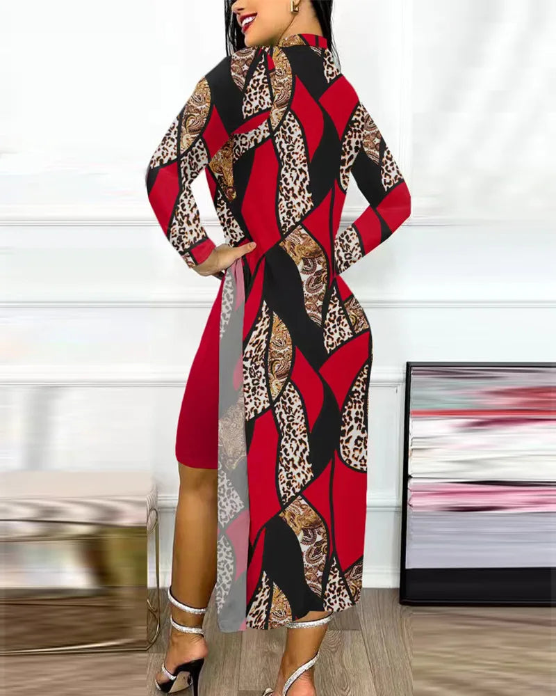 Robe décontractée à manches longues et col rond pour femme, tenue de bureau élégante, mode printemps-automne, imprimé géométrique, fente latérale, 2023