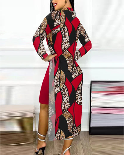 Robe décontractée à manches longues et col rond pour femme, tenue de bureau élégante, mode printemps-automne, imprimé géométrique, fente latérale, 2023