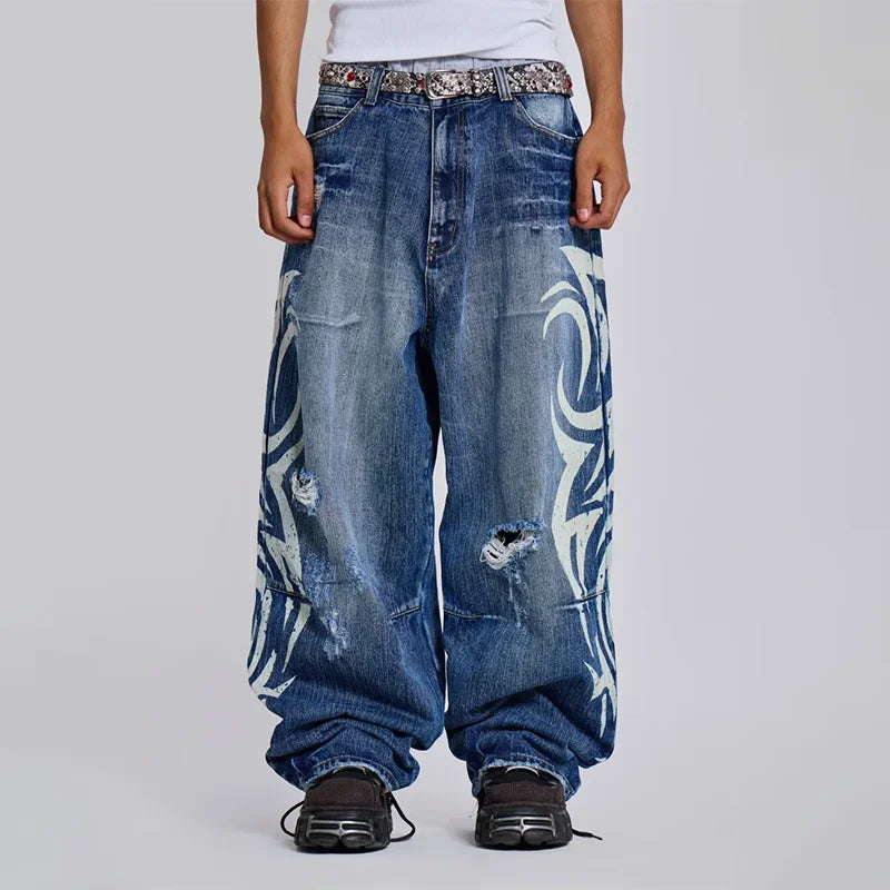 Y2K Baggy Jeans Gothique vintage impression Motif Lavé déchiré jeans Hip Hop Streetwear Harajuku hommes femmes Casual jambes larges jeans