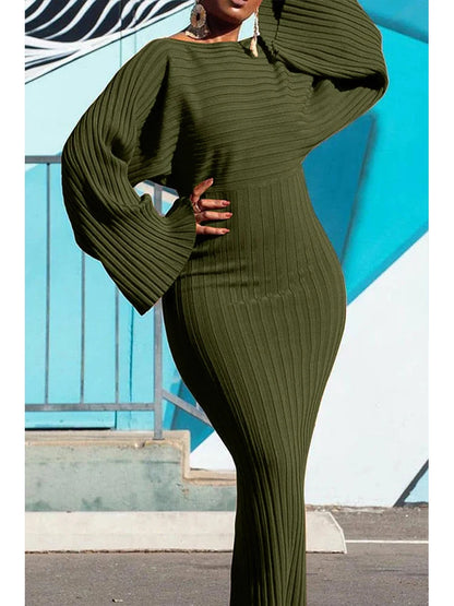 Robe longue côtelée tricotée à manches chauve-souris pour femmes, moulante, couleur unie, élégante, col rond, décontractée, mode automne, robes Vintage solides, 2024