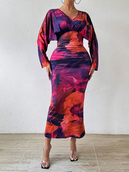 Robe longue plissée à col en V pour dames, manches chauve-souris minces sexy, style européen et américain, tempérament tendance, automne, nouveau