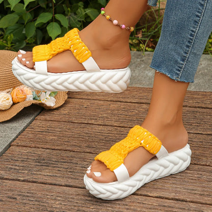 Pantoufles tressées à plateforme en tricot pour femmes, sandales gladiateur d'été, chaussures à talons optiques pour dames, pantoufles de plage décontractées, diapositives pour femmes