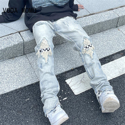 Jean à jambes larges pour homme et femme, streetwear, décontracté, déchiré, troué