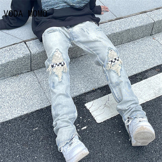 Jean à jambes larges pour homme et femme, streetwear, décontracté, déchiré, troué