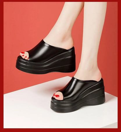 Chaussures confortables à plateforme épaisse de 9.5cm, petite taille 32-43, pantoufles en cuir véritable, talons hauts 2025, diapositives à semelles compensées, modèle de bureau