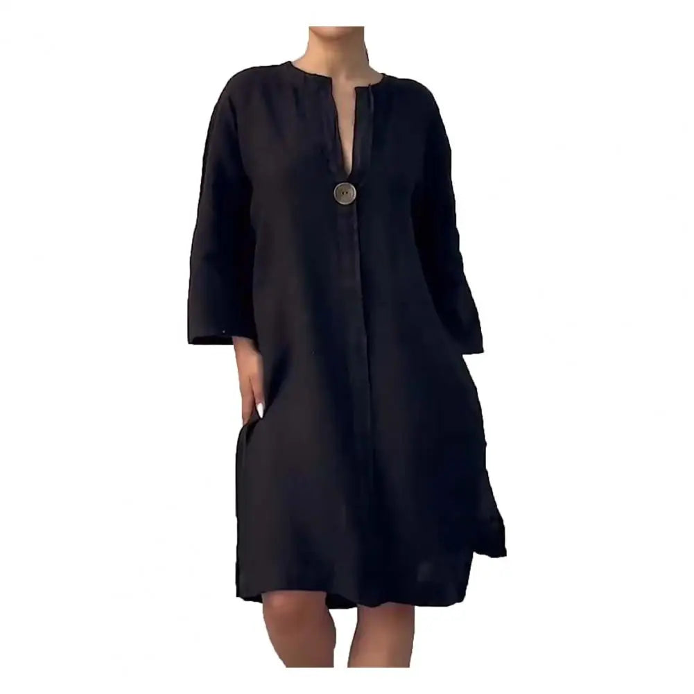 Robe mi-longue à col en V pour femme, tissu doux, robe boutonnée pour femme, robe à col en V, robe trapèze, manches trois quarts