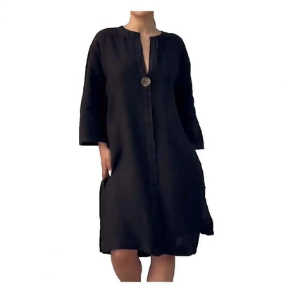 Robe mi-longue à col en V pour femme, tissu doux, robe boutonnée pour femme, robe à col en V, robe trapèze, manches trois quarts