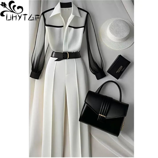 Ensemble deux pièces pour femme, haut à manches longues, chemisier sur mesure, pantalon Fjadt blanc imbibé, chemise vintage, coréen, automne 642