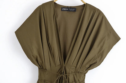 TRAFZA femmes mode d'été col en v à lacets Midi robe à manches courtes femme élégante dos nu plissé Sexy taille longue robe