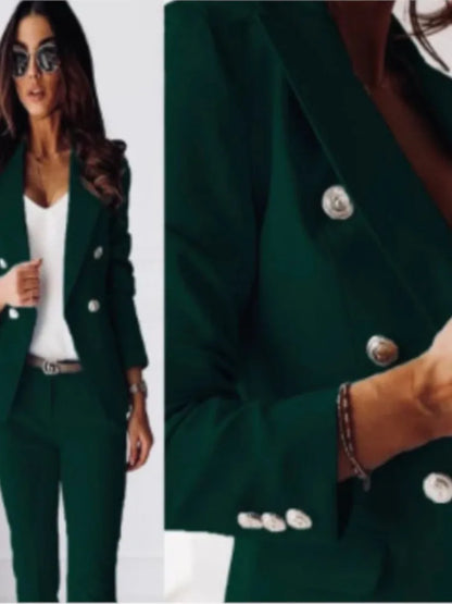 Mode Double boutonnage à manches longues costume ensemble femmes nouveau automne hiver coupe ajustée petite jambe pantalons longs femme bureau 2 pièces ensemble