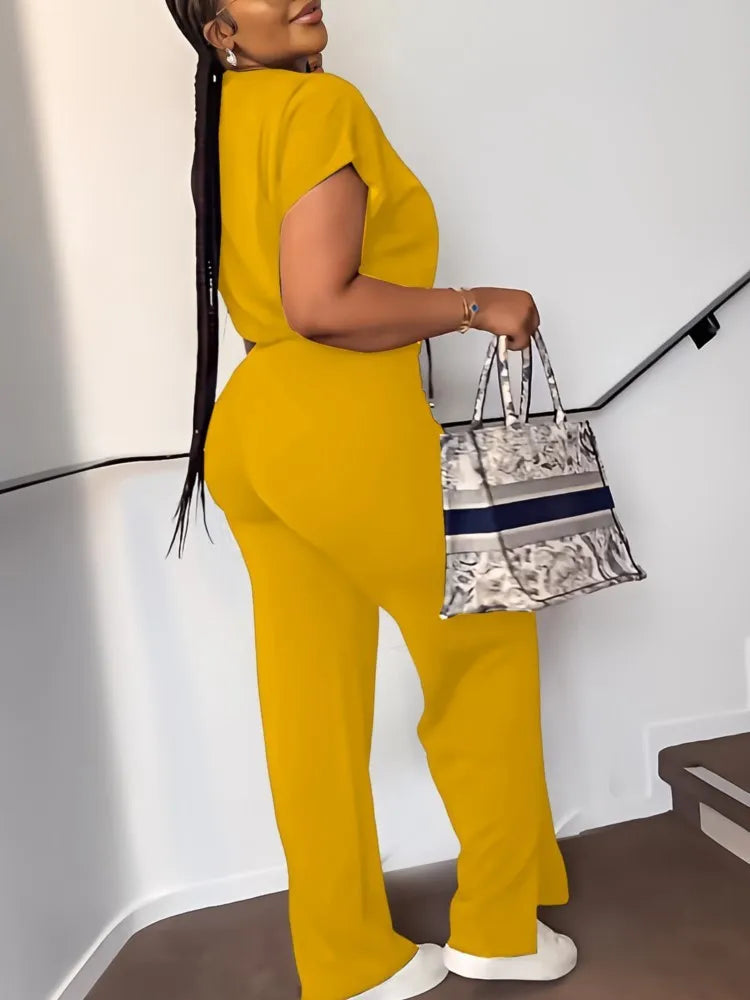 Femmes décontracté col rond cordon à manches courtes haut et taille haute pantalon ensemble été solide deux pièces costume ensembles tenues ensemble femme