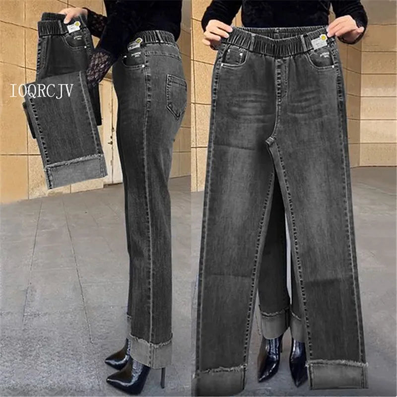 Jean femme d'âge moyen printemps automne taille extensible pantalon en Denim droit grande taille ample taille haute décontractée noir bleu pantalon