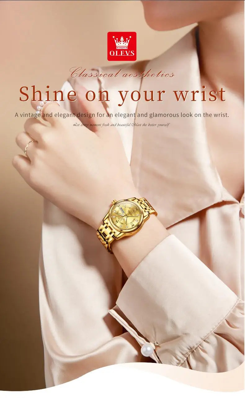 OLEVS meilleure vente mode en acier inoxydable Quartz dames montre de luxe double calendrier lumineux étanche montre élégante pour les femmes