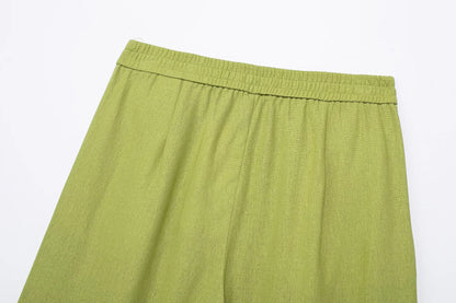 TRAFZA 2024 femmes 2 pièces ensemble taille élastique poche plis décorer pantalon à jambes larges + solide simple boutonnage fente ourlet Blouse haut