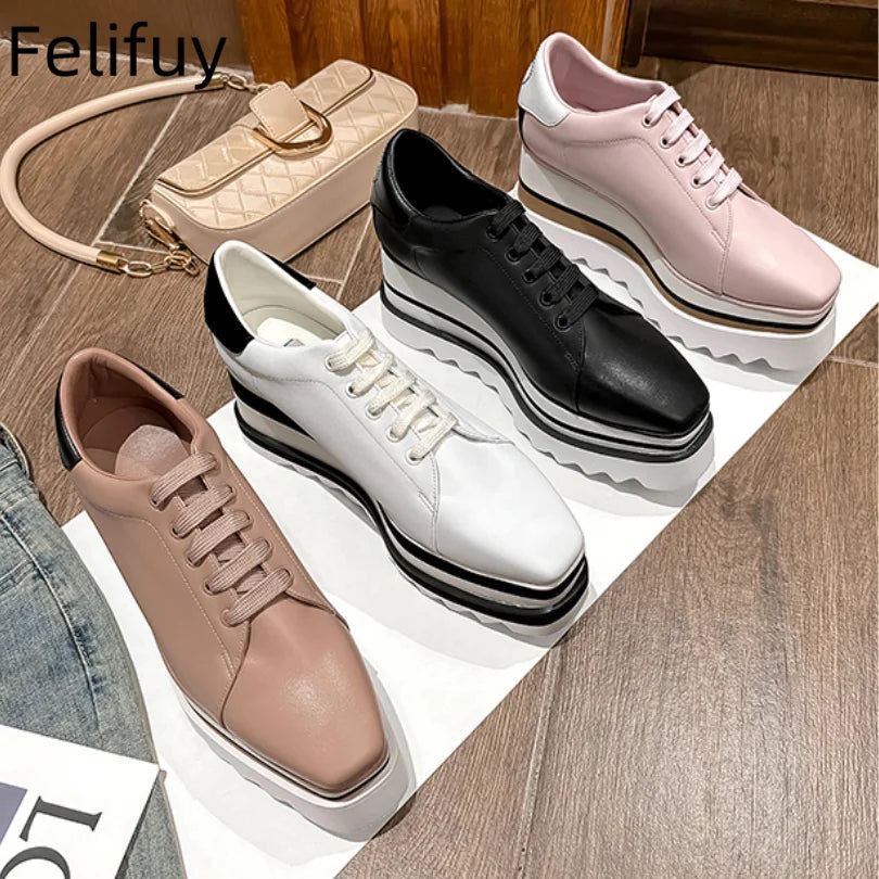 Baskets Blanches en Cuir de Vache pour Femme, Chaussures à Semelle Optique, Décontractées, à Lacets, Confortables, d'Extérieur, de Styliste, Printemps 2024