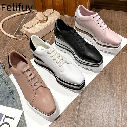 Baskets Blanches en Cuir de Vache pour Femme, Chaussures à Semelle Optique, Décontractées, à Lacets, Confortables, d'Extérieur, de Styliste, Printemps 2024