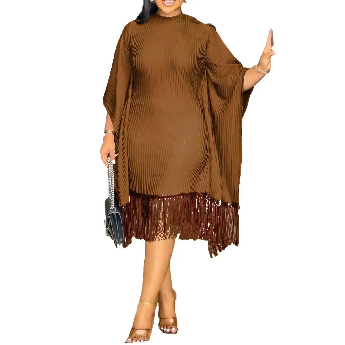 Robe mi-longue à pampilles en polyester à manches 3/4 pour femmes, tenues africaines élégantes, vêtements africains