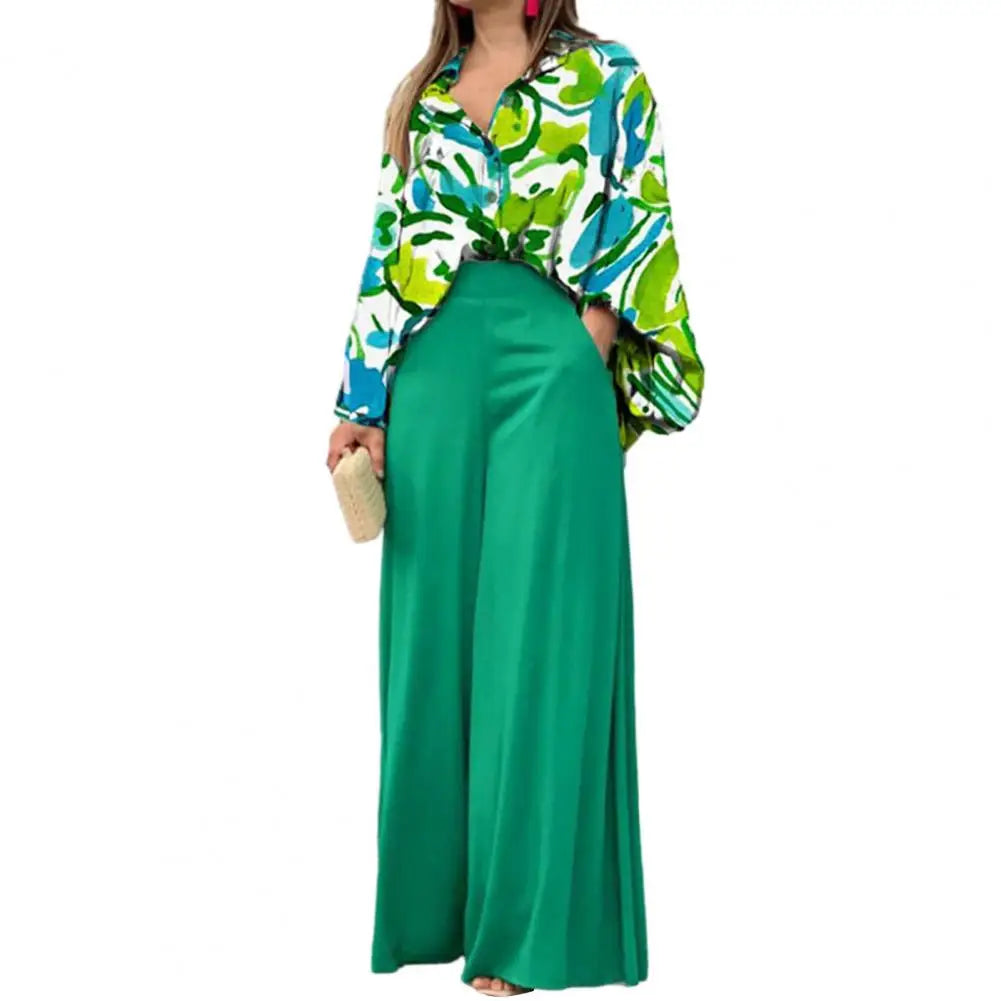 Ensemble Chemise et Pantalon à Revers pour Femme, Tenue Simple, Imprimé Feuilles, Manches sulf, Taille Haute, Jambes Larges, Tenue de Bureau, Tenue de Salon, 2 Pièces/Ensemble