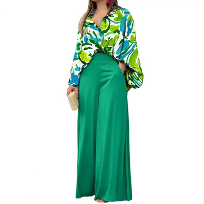 Ensemble Chemise et Pantalon à Revers pour Femme, Tenue Simple, Imprimé Feuilles, Manches sulf, Taille Haute, Jambes Larges, Tenue de Bureau, Tenue de Salon, 2 Pièces/Ensemble
