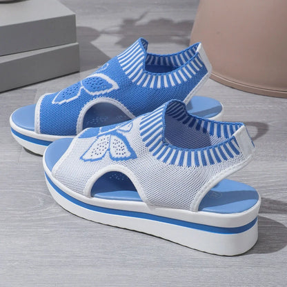 2024 été nouvelles femmes sandales bout rond plate-forme semelle maille unique femmes chaussures décontracté mode bleu papillon grande taille sandales