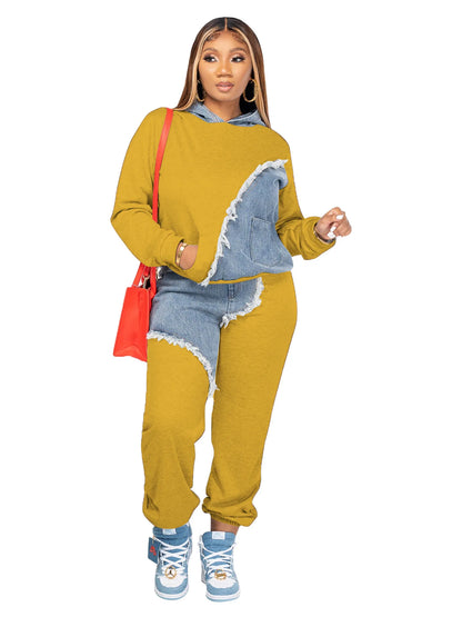 Femmes deux pièces ensembles survêtement automne jean épissage haut à capuche sweats poche survêtement pantalon costume ample femme bureau dame