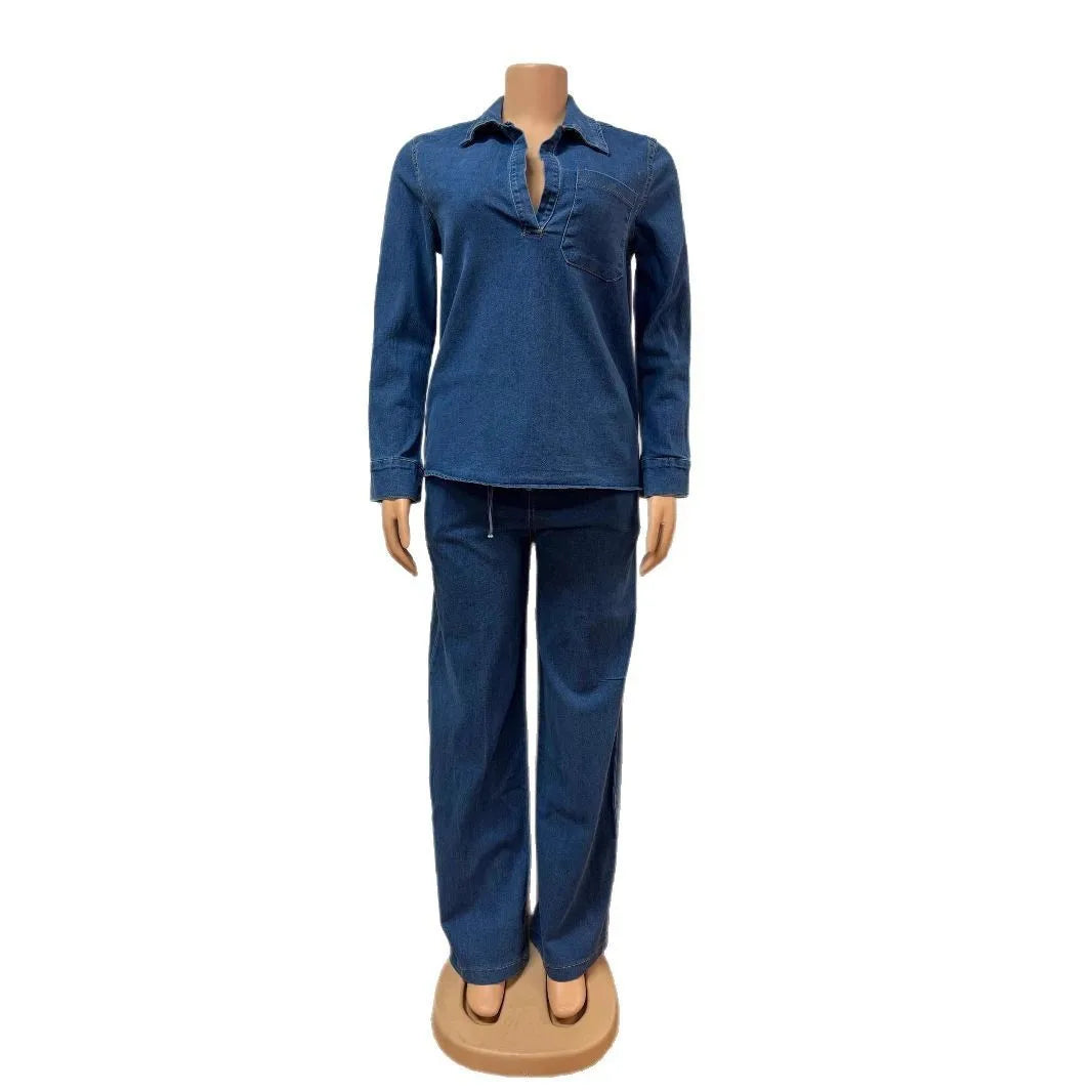 Ensemble pantalon en Denim pour femmes, ensemble deux pièces assorti, Streetwear décontracté, chemise ample, jambes larges, pantalons longs, taille haute, jean maman Y2k