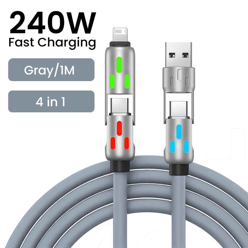 Câble de charge rapide USB vers Type C 4 en 1, 240W, PD3.0, transfert de données haute vitesse, pour iPhone 1514, Samsung, Xiaomi, HUAWEI