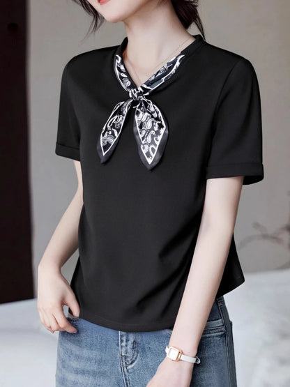 T-Shirt à manches courtes et col en V pour femme, écharpe structurée, épaules froncées, cravate à la taille, amincissante, nouvelle collection 2025