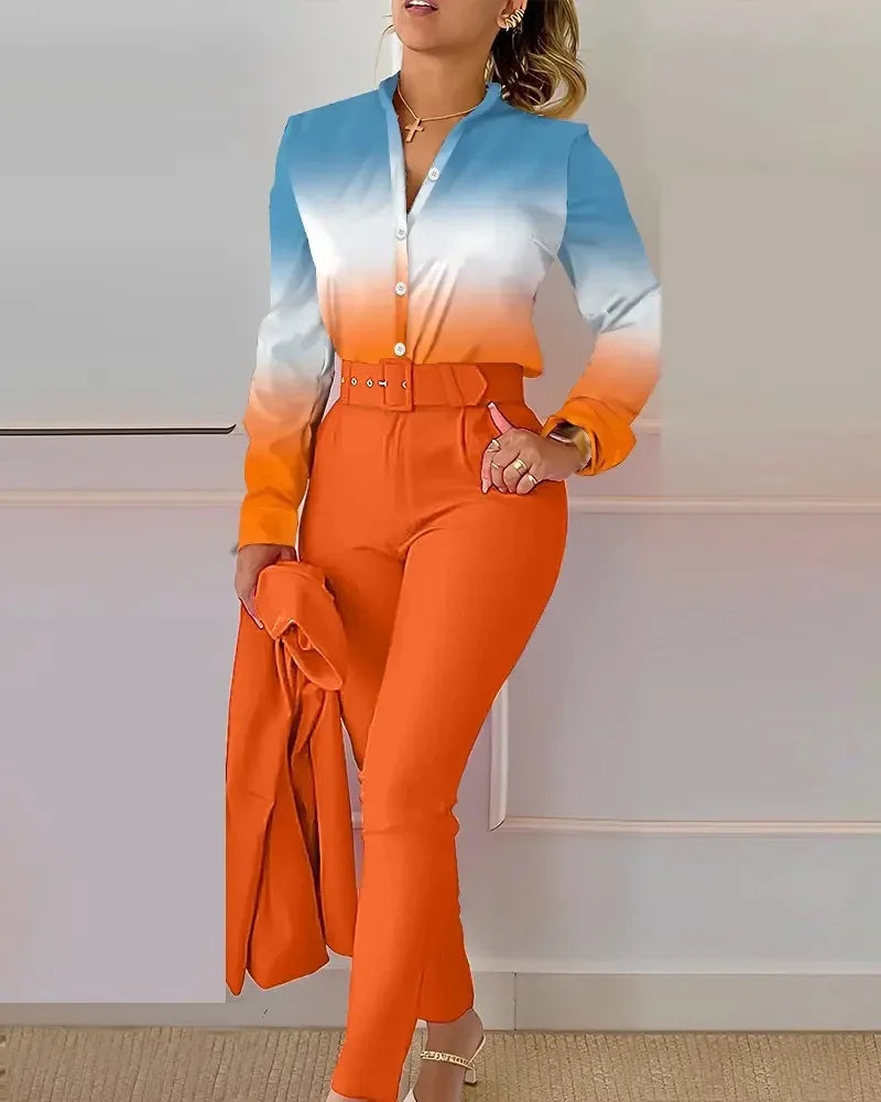 Ensemble deux pièces imprimé pour femmes, élégant, col en V, manches longues, petit haut et pantalon Long, avec ceinture, vêtements de travail, printemps-automne