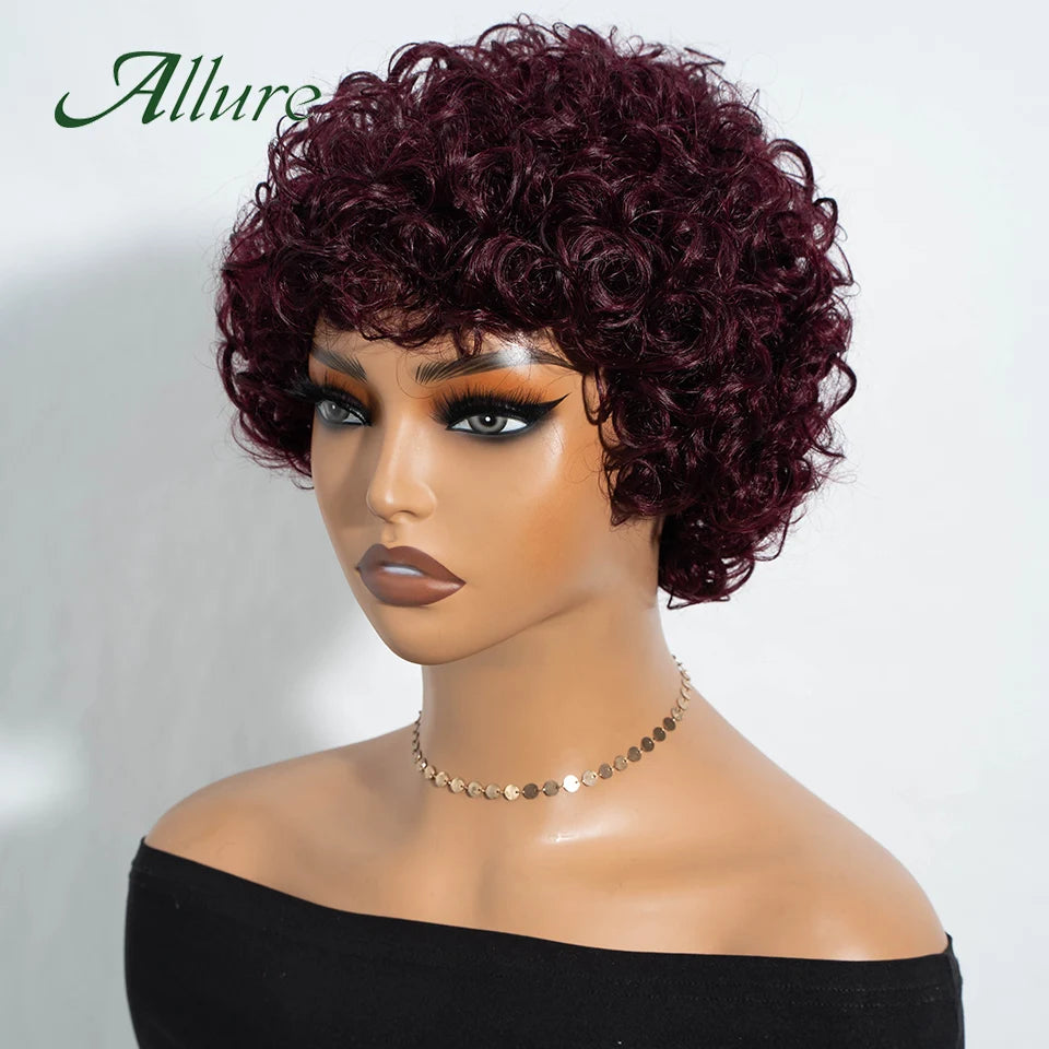 Jerry bouclés perruques de cheveux humains pour les femmes noires 10 pouces court Pixie Afro crépus bouclés perruque avec frange brun couleur cheveux perruques Allure