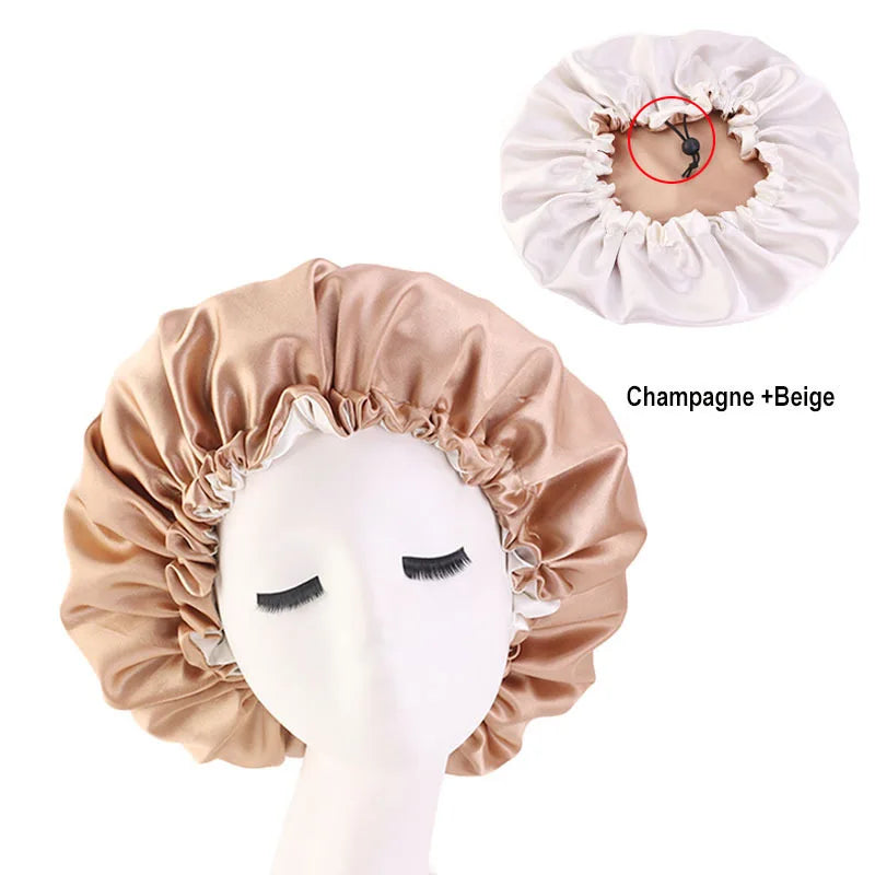 Bonnet en Satin réversible pour cheveux, Double couche réglable, couvre-tête pour dormir, accessoires de coiffure bouclés et élastiques