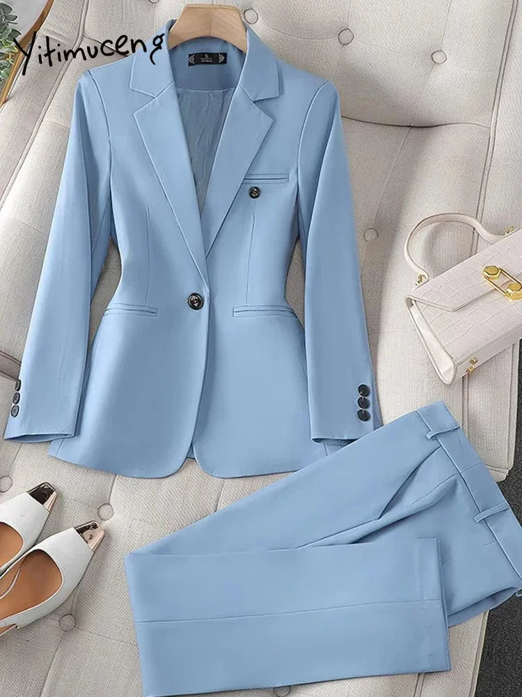 Costume Blazer Bleu Décontracté pour Femme, Tenue de Bureau, Manches sulf, Veste à Bouton Unique, Ensemble 2 Pièces, Chic, Mode, Pantalon, Élégant