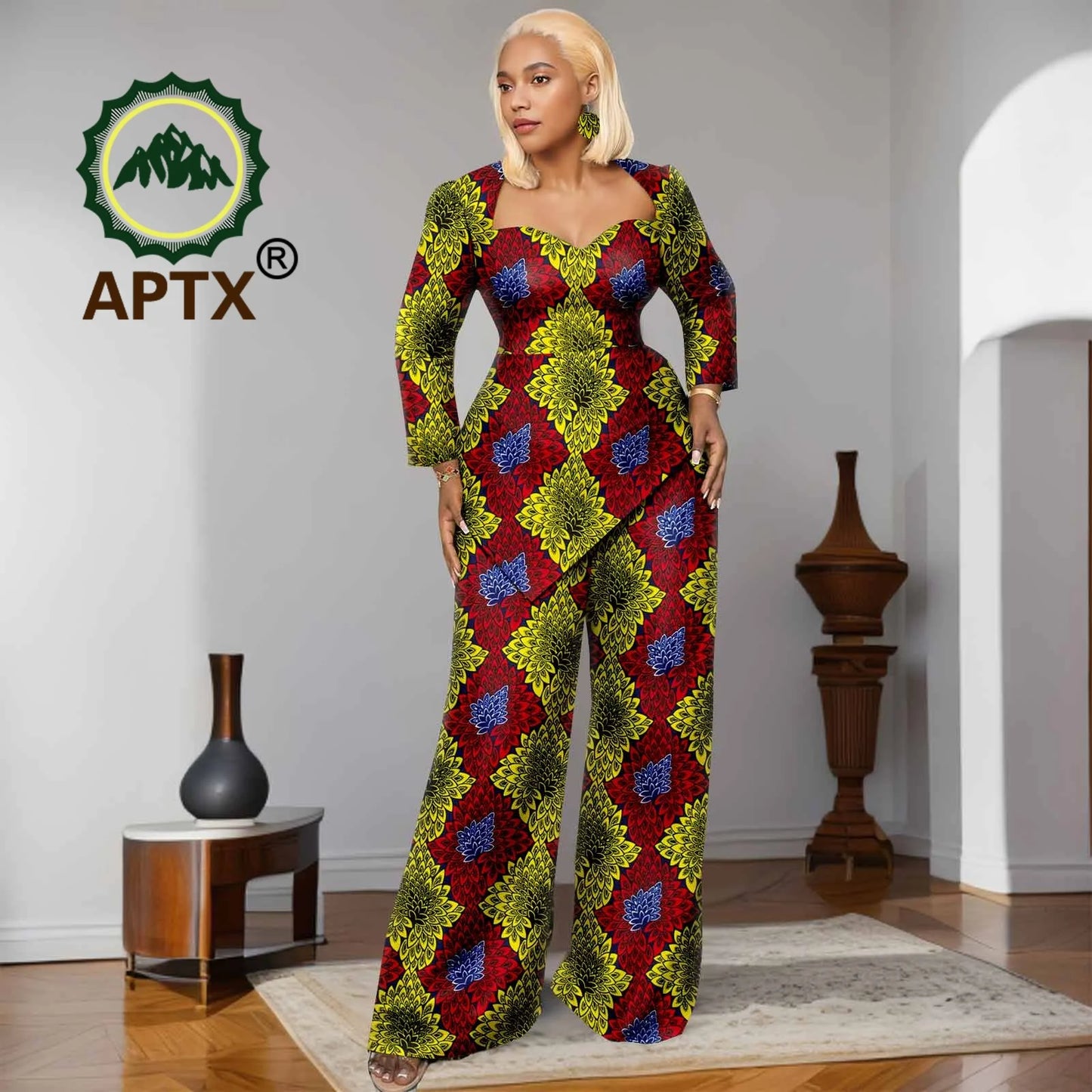 Ensemble deux pièces imprimé africain Ankara pour femmes, haut à manches neuf quarts et pantalon longueur au sol, ensemble décontracté Dashiki avec boucles d'oreilles